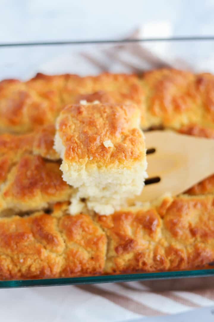 closeup of a slice of the butter swim biscuits.