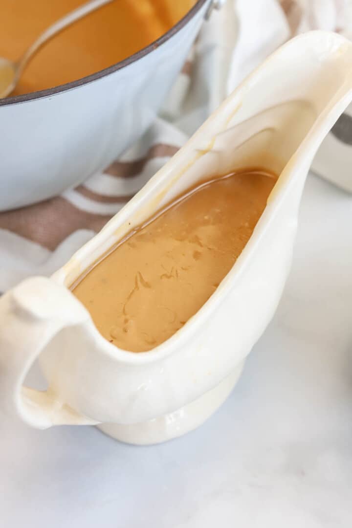 brown gravy in gravy boat for serving.