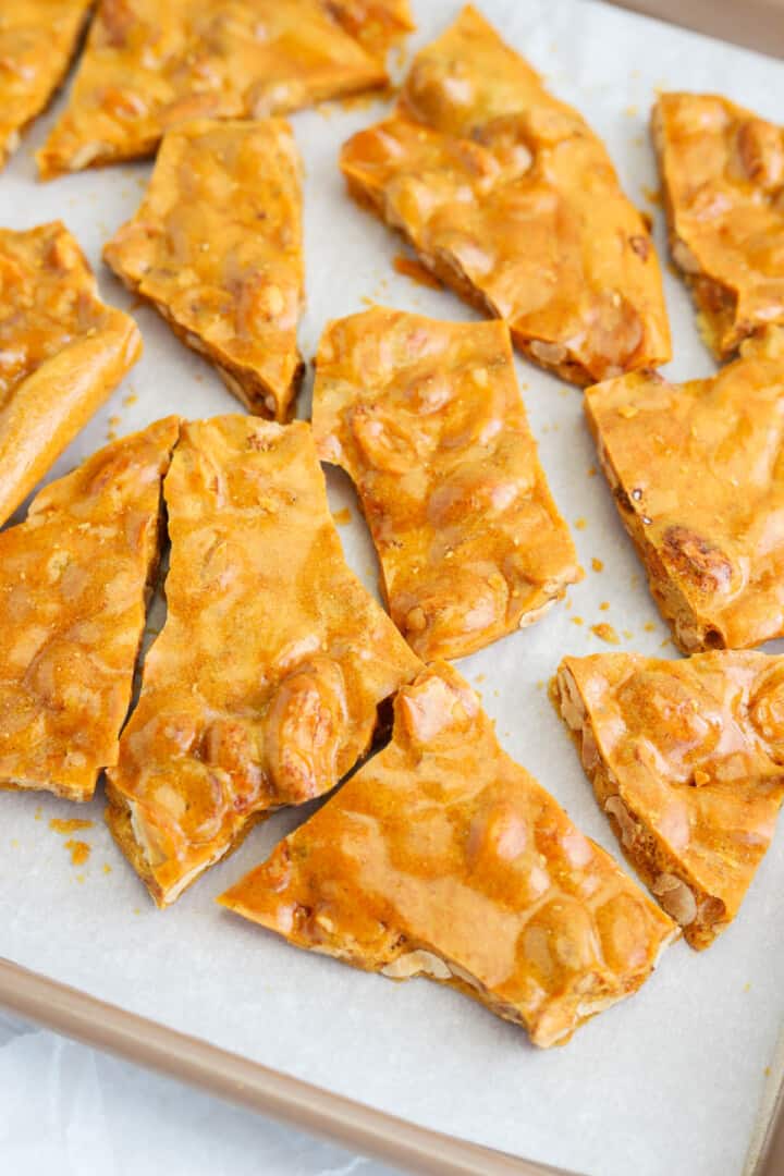 Microwave peanut brittle on baking sheet.