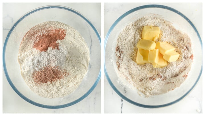 mixing the dry ingredients together with butter.