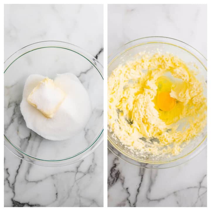 mixing together sugar butter and eggs for batter.