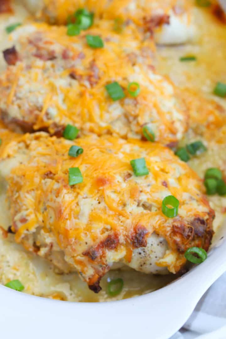 Baked Crack Chicken breasts in baking dish ready to serve.