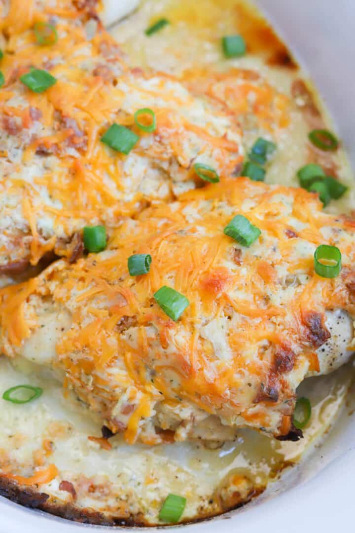 baked crack chicken in baking dish.