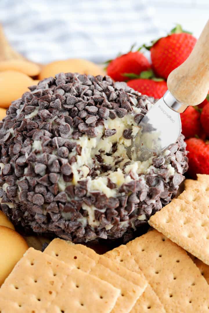 close up of cheeseball being served.