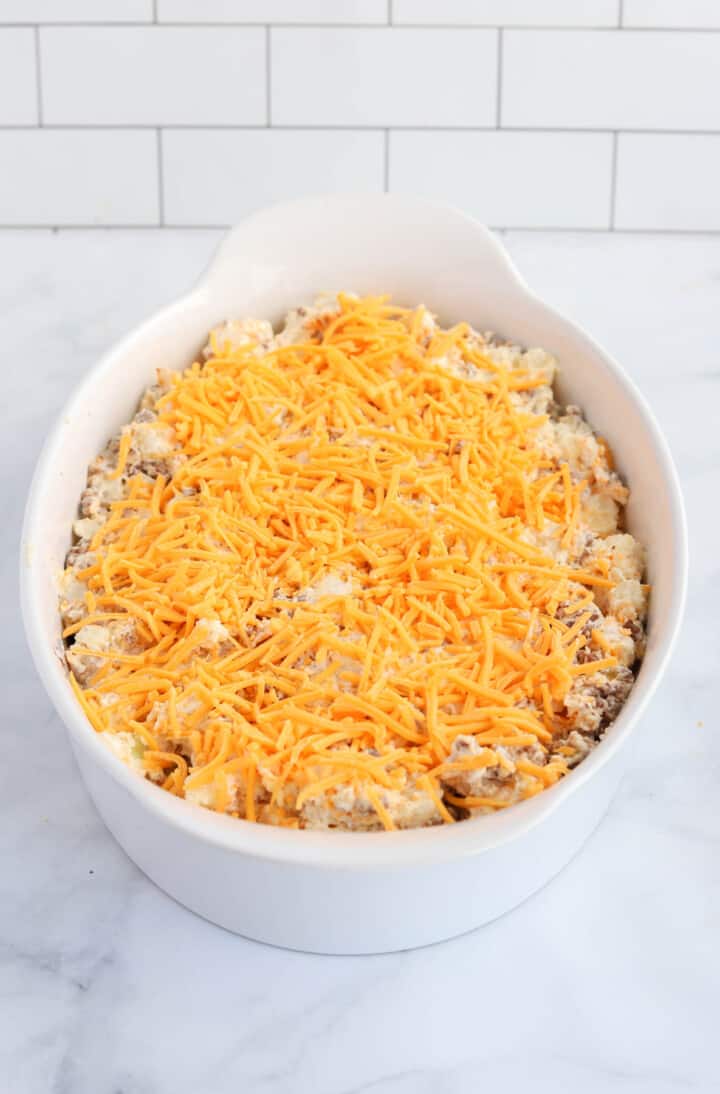 hamburger casserole in casserole dish before baking.