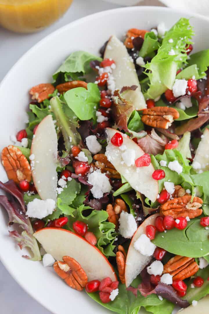 closeup of Thanksgiving Salad in white bowl.