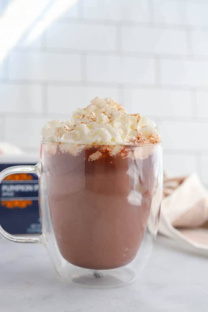 Pumpkin Spice Hot Chocolate in clear mug.