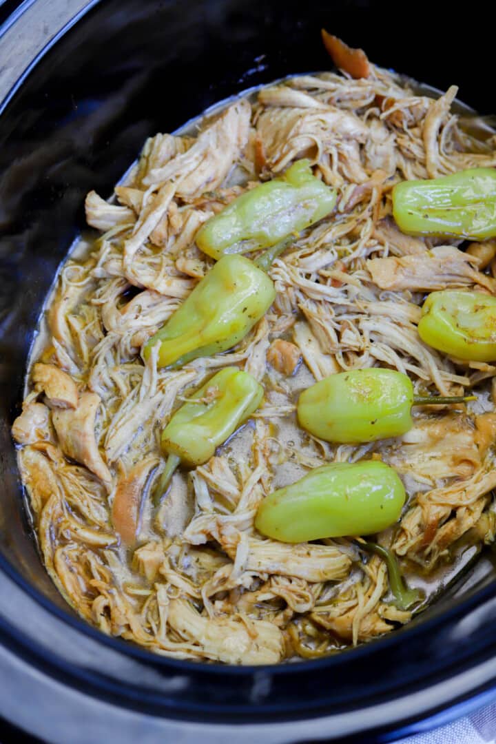 closeup of Mississippi chicken cooked in the slow cooker.
