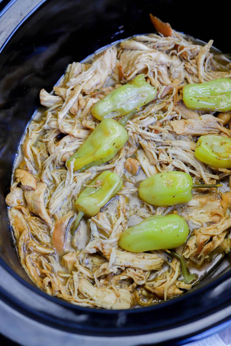 closeup of Mississippi chicken cooked in the slow cooker.