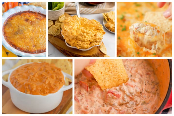 five different dip recipes picture collage.