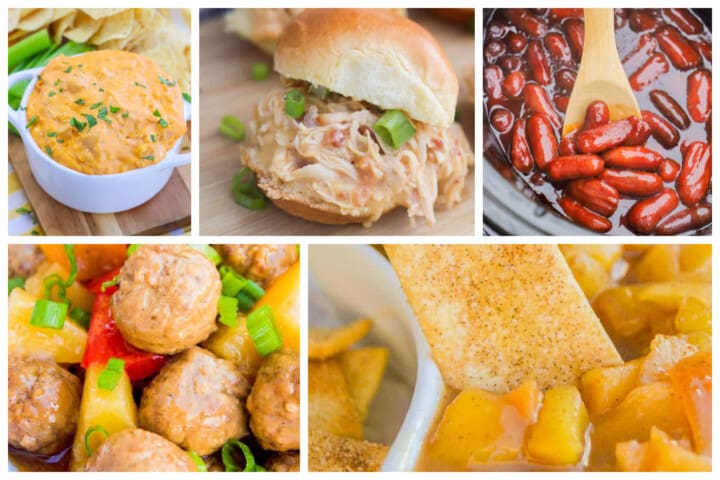 five slow cooker recipe pictures in a collage.