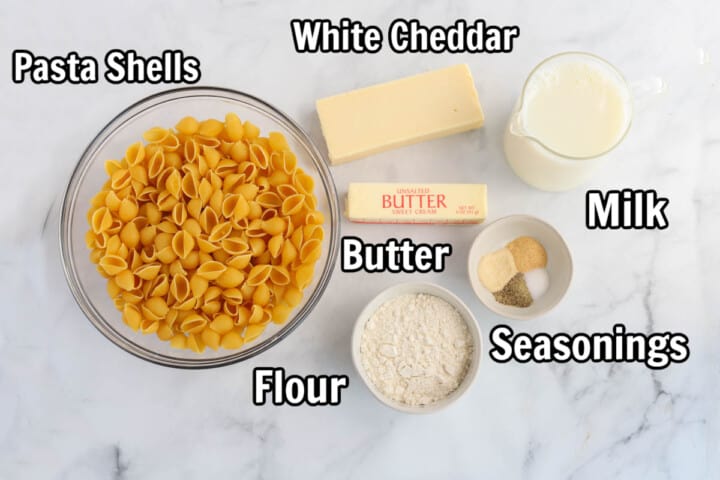 ingredients for white cheddar mac and cheese.