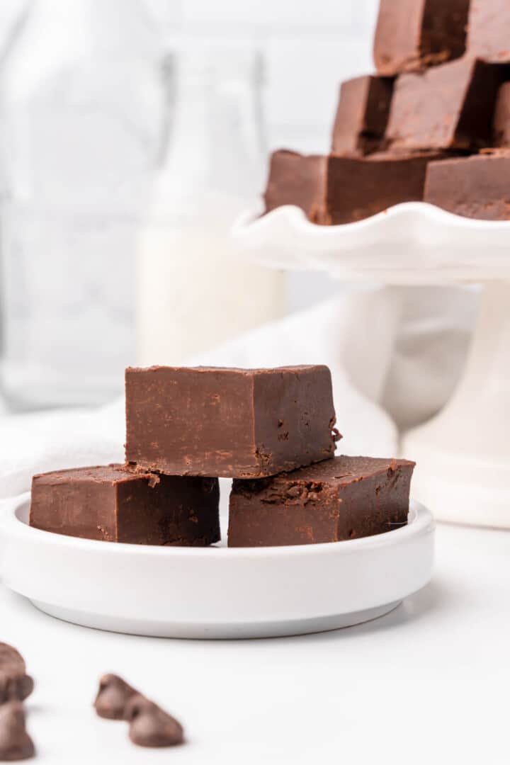 three pieces of fudge on small plate.