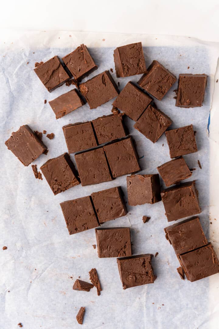 slicing cubes of the fudge.
