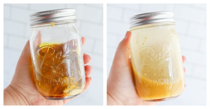 mixing dressing in a mason jar.