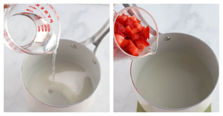 pouring ingredients into a sauce pan.