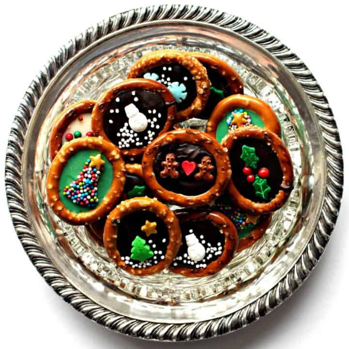 Christmas Pretzels on silver serving tray.
