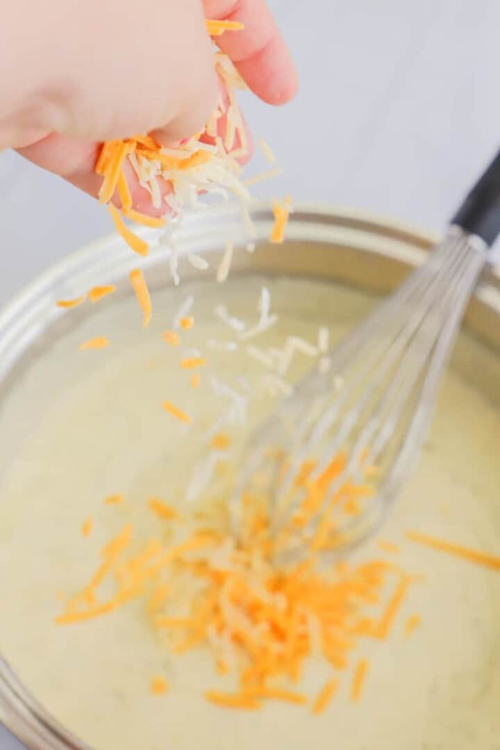 adding cheese to the cheese sauce for the mac and cheese.