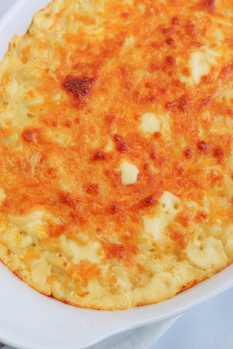 baked four cheese mac and cheese closeup.
