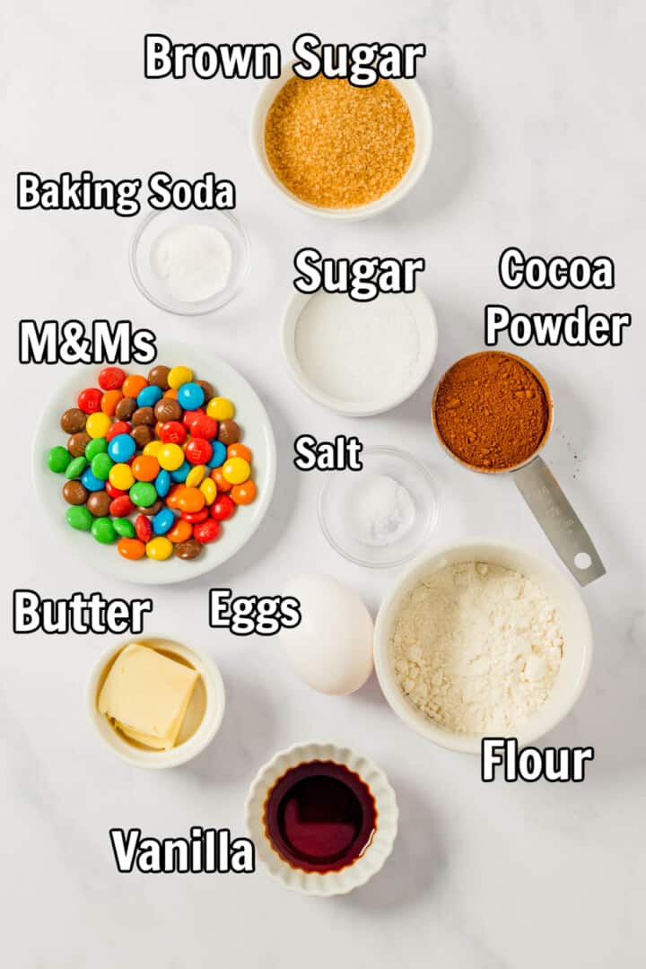 ingredients for chocolate M&M cookies.