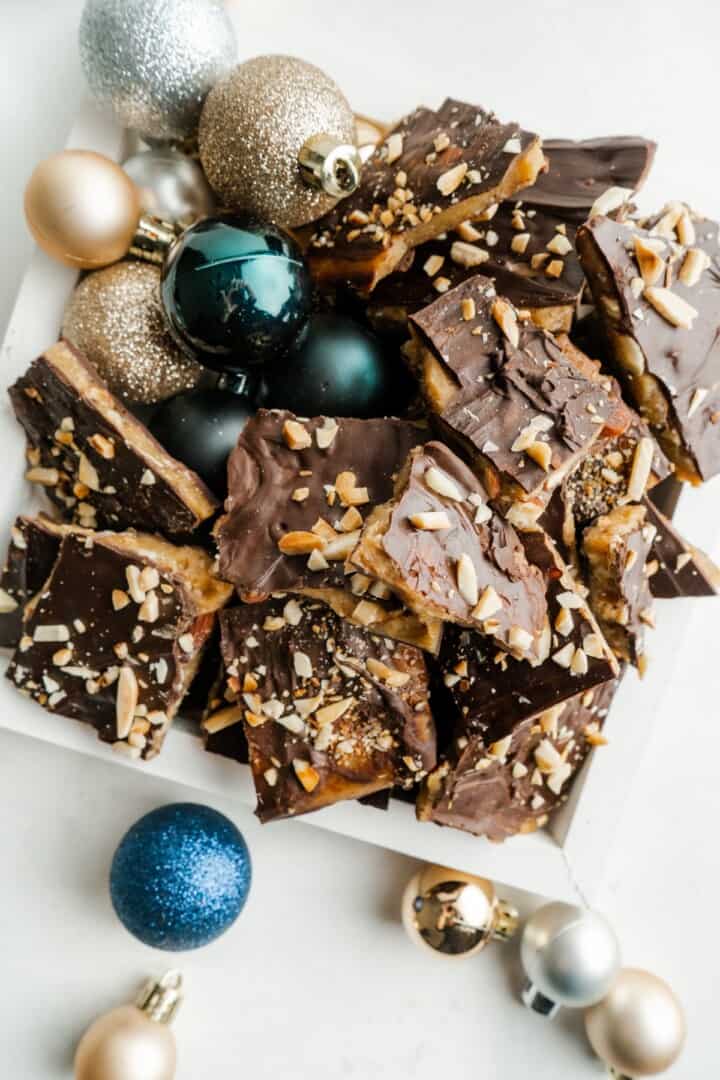 Almond Butter Toffee stacked in a serving bowl.