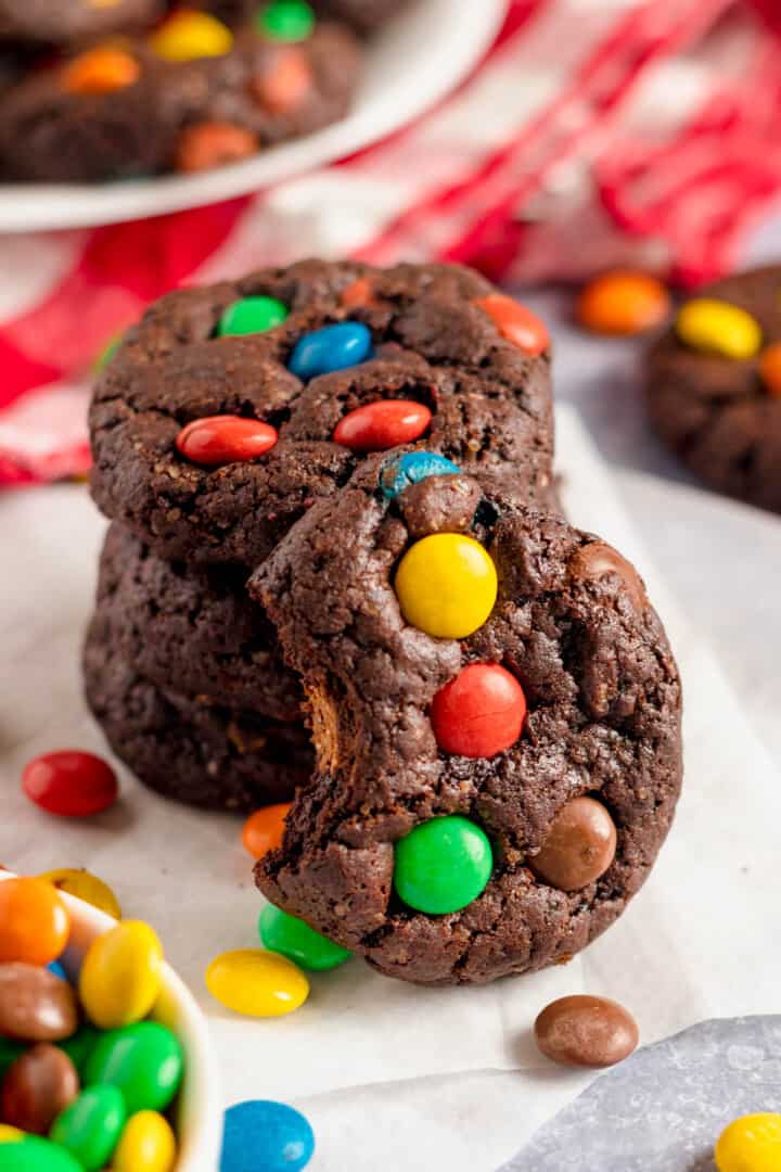 closeup of chocolate M7M cookies stacked.