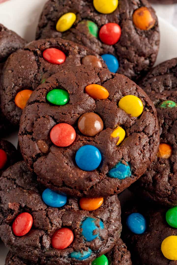 closeup of Chocolate M&M cookies.