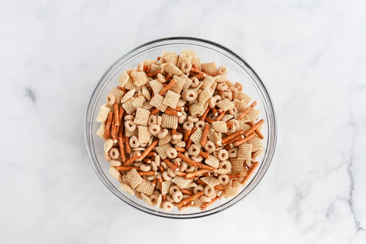 all ingredients mixed together in glass bowl.