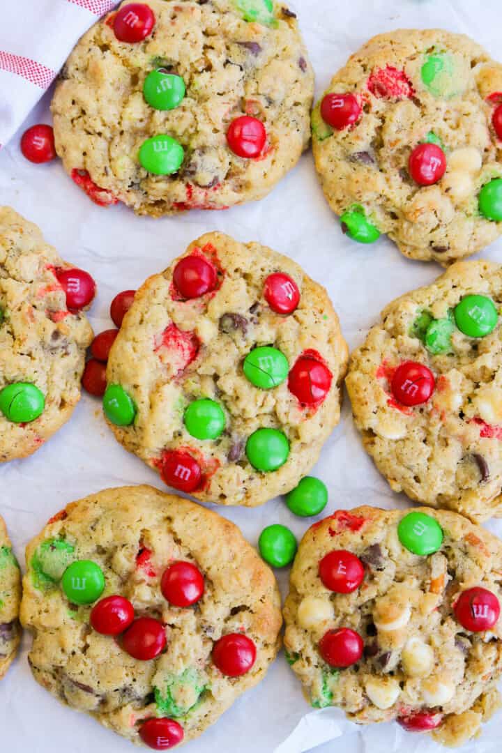 close up of baked Christmas Monster Cookies.