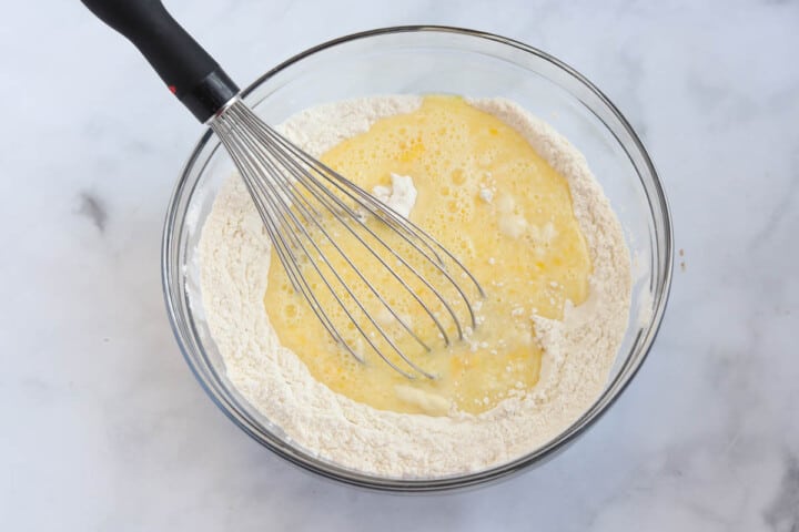 mixing pancake batter together.