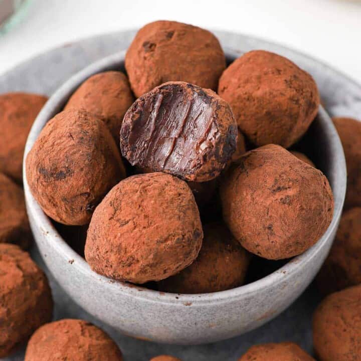 French Chocolate Truffles in serving bowl closeup.