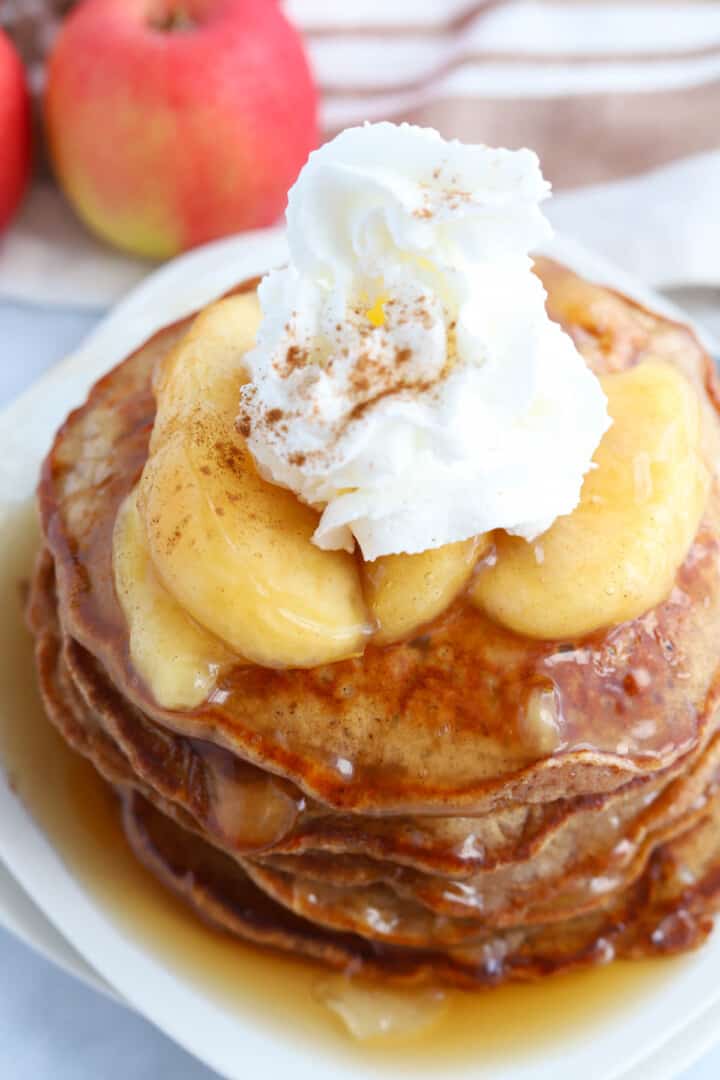 closeup of stacked apple pie pancakes.