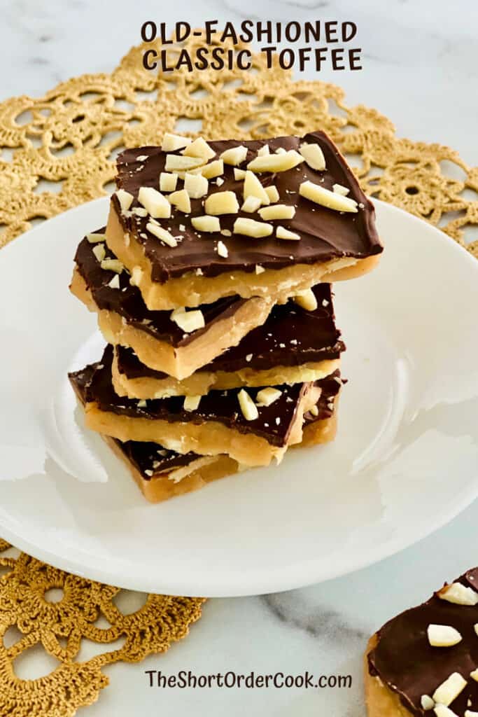 Old Fashioned Toffee stacked on white plate.