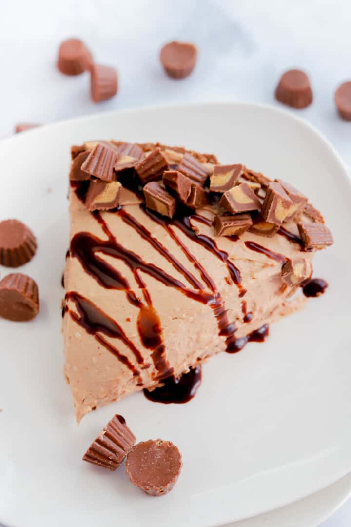 closeup of Reese's Cup Pie on white plate.