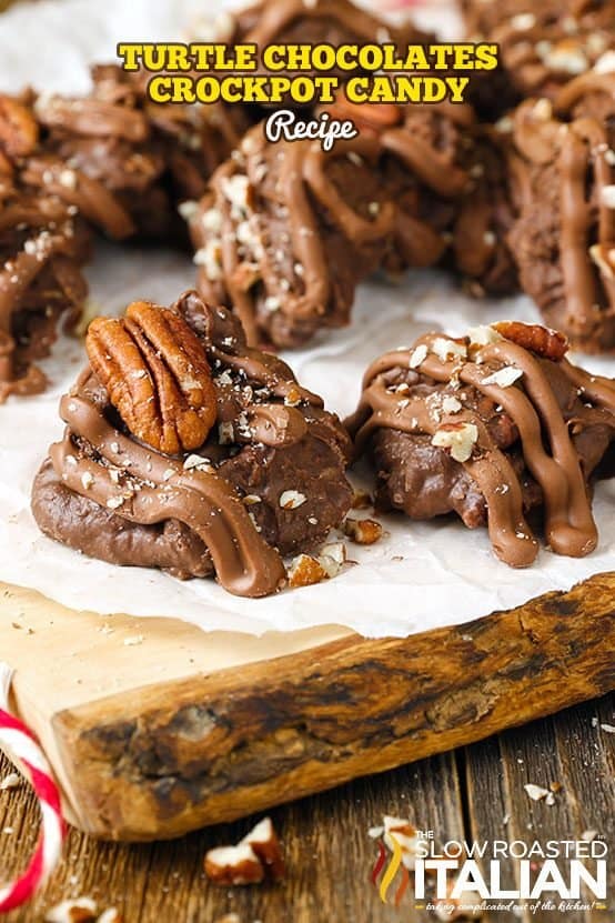 Turtle Chocolates on wooden serving board.