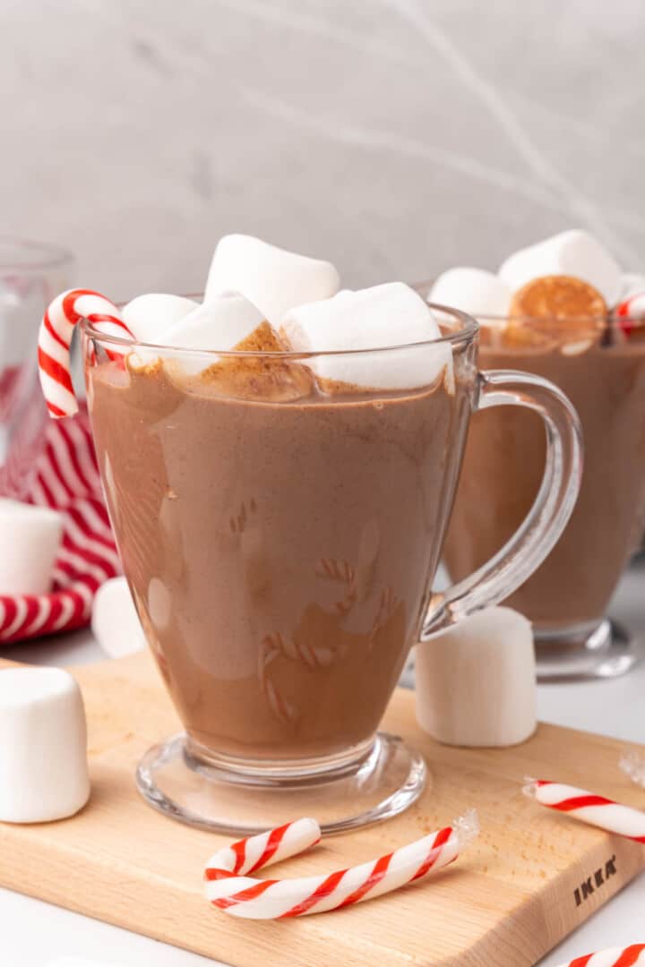 closeup of peppermint hot chocolate in a mug.