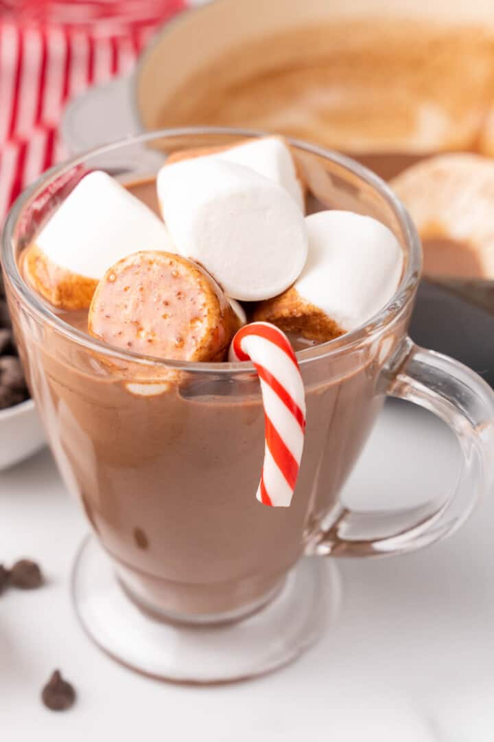 Peppermint Hot Chocolate in glass mug with marshmallows and a candy cane.