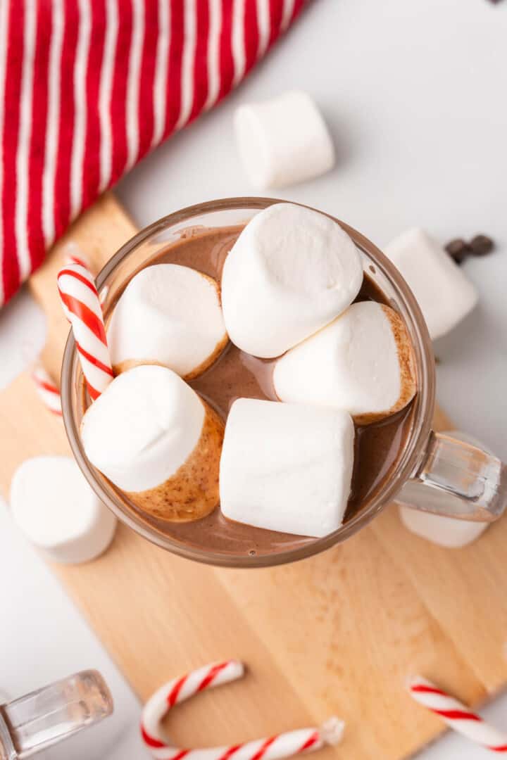 top view of peppermint hot chocolate in mug loaded with marshmallows.