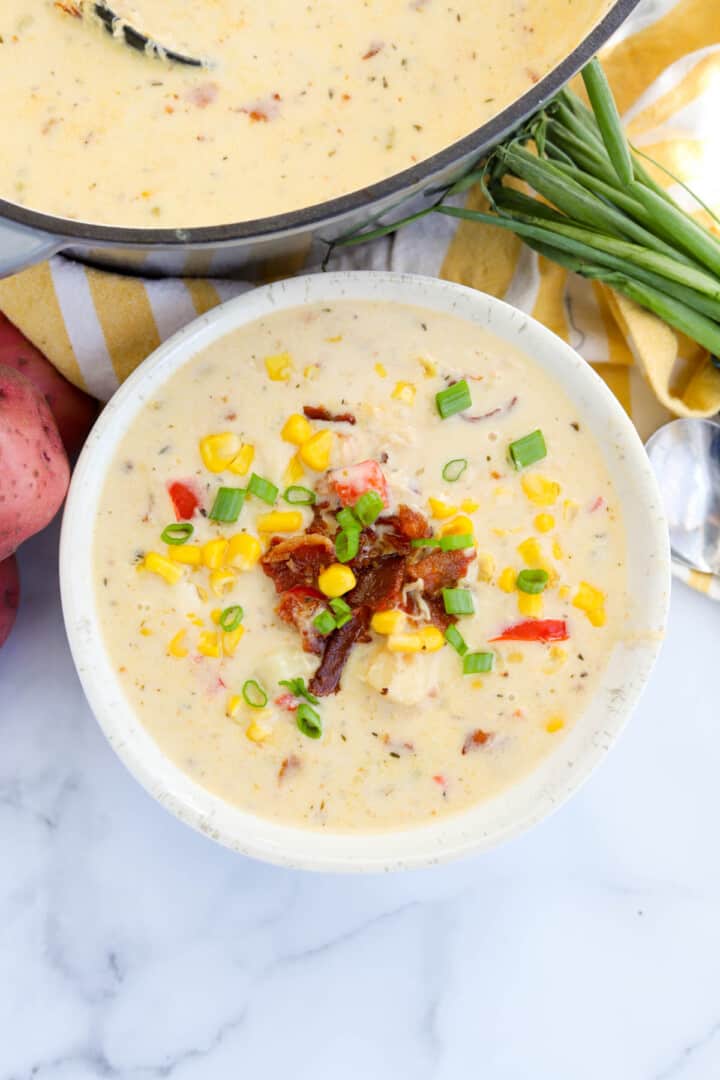 Chicken Corn Chowder in large pot and a bowl.