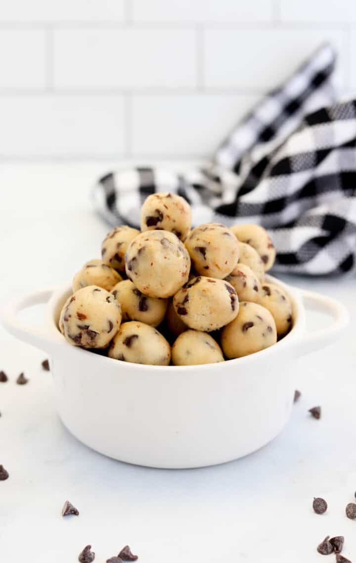 Cookie Dough Bites in white serving bowl.