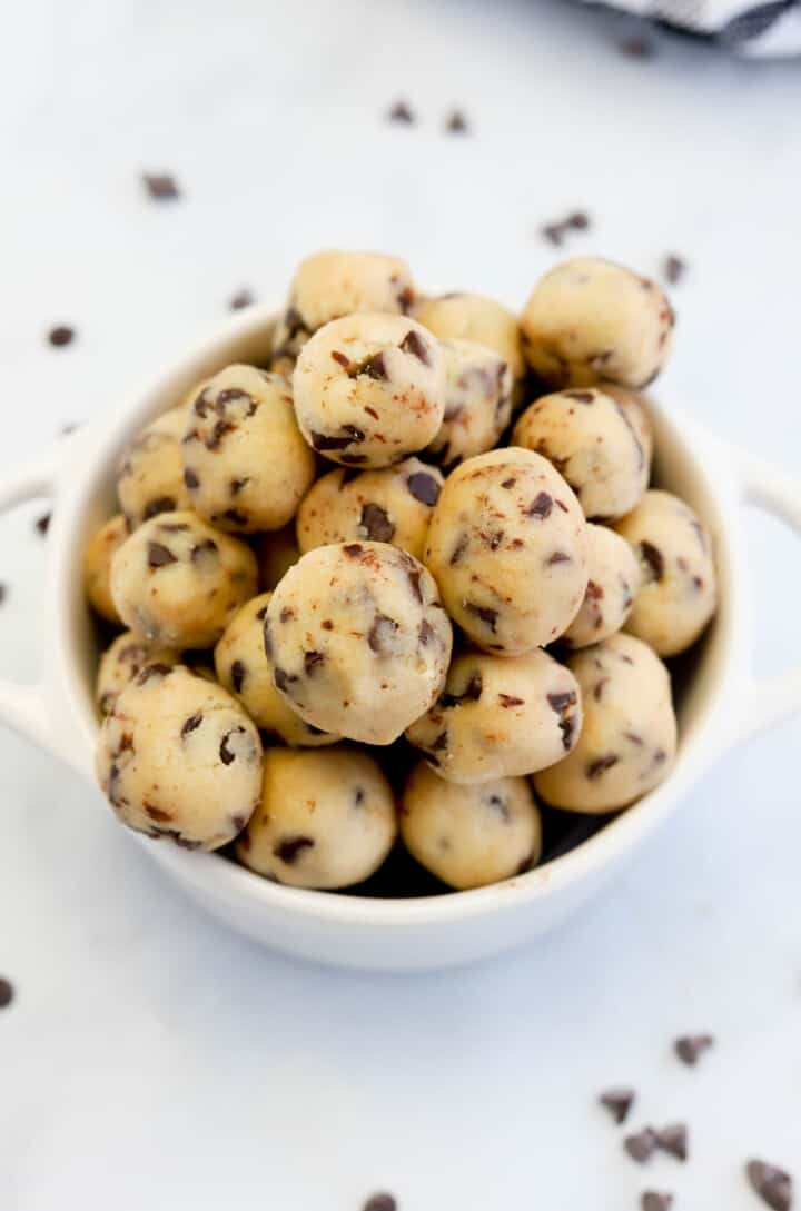 top view of Cookie Dough Bites in white bowl.