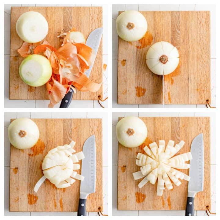 step by step photos of cutting the onion.