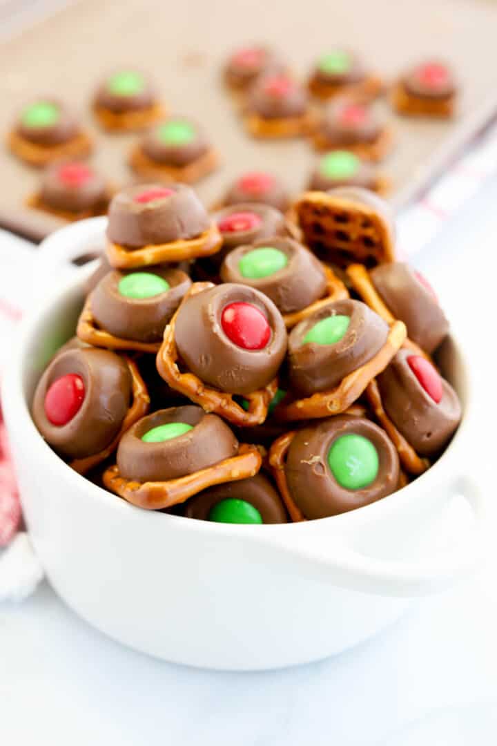 Rolo Pretzels in white serving dish.