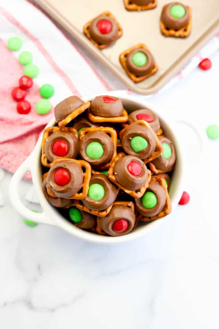 top view of Rolo Pretzels in white serving dish.