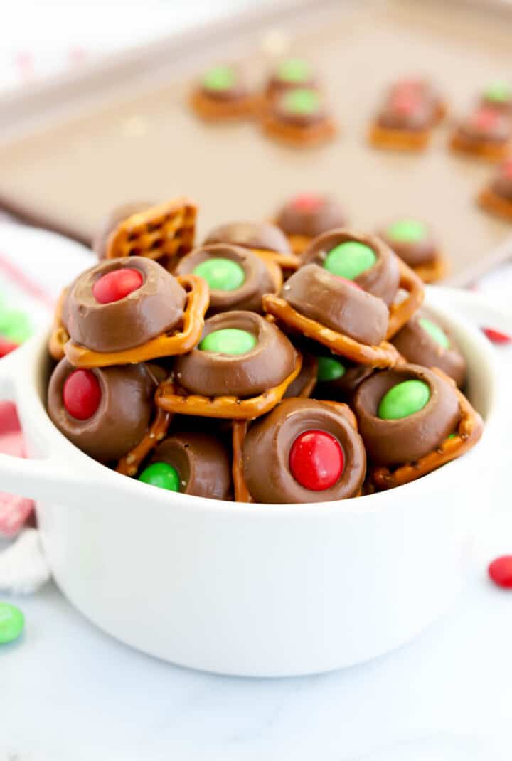 closeup of Rolo Pretzels in white serving dish.