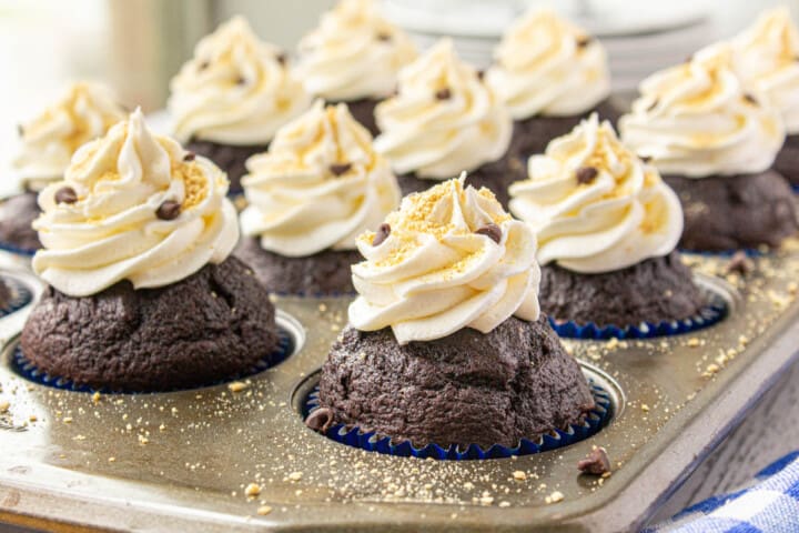 Smores Cupcakes in pan with frosting