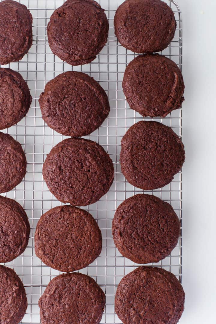 chocolate cookies cooling on a wire rack.