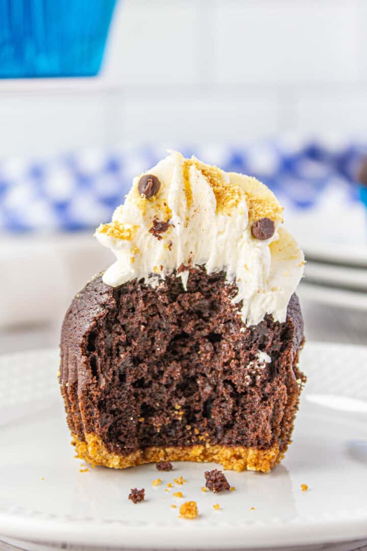 S'mores cupcake with bite taken out of it.