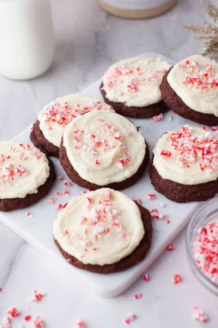 Chocolate Peppermint Cookies on white serving tray.