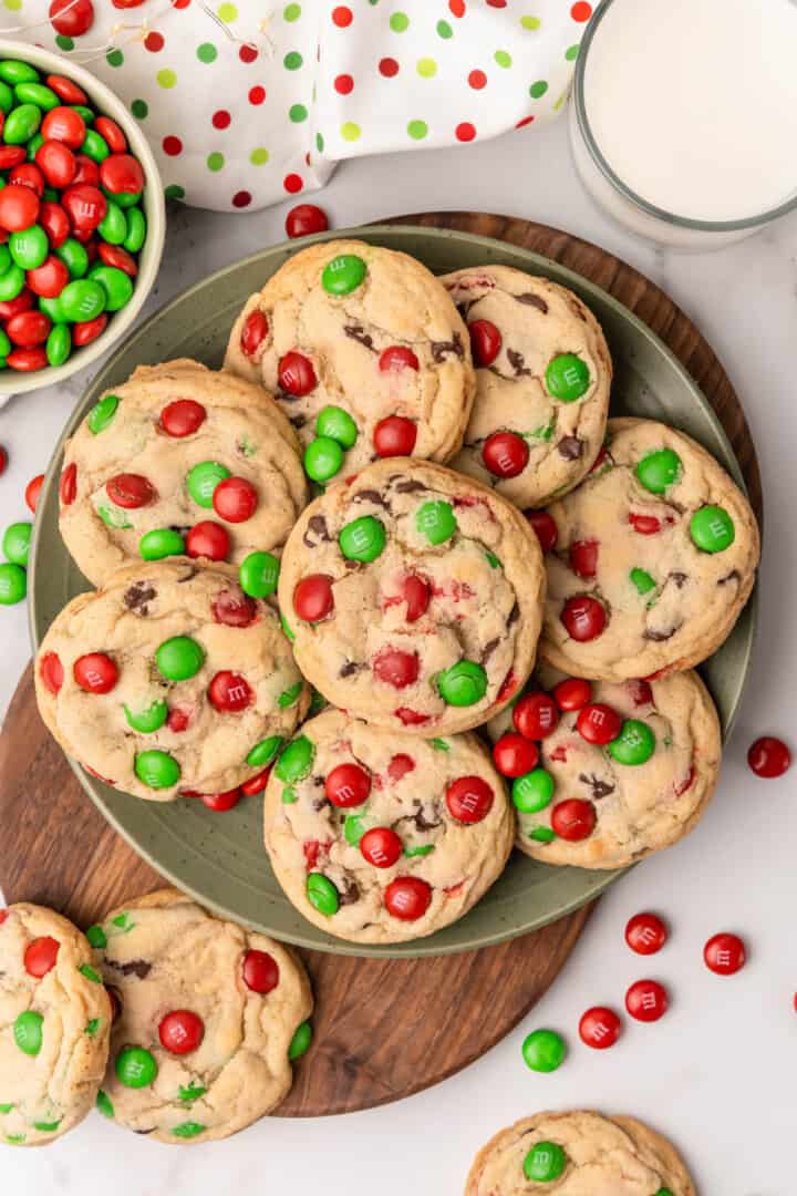 Christmas M&M cookies on plate.